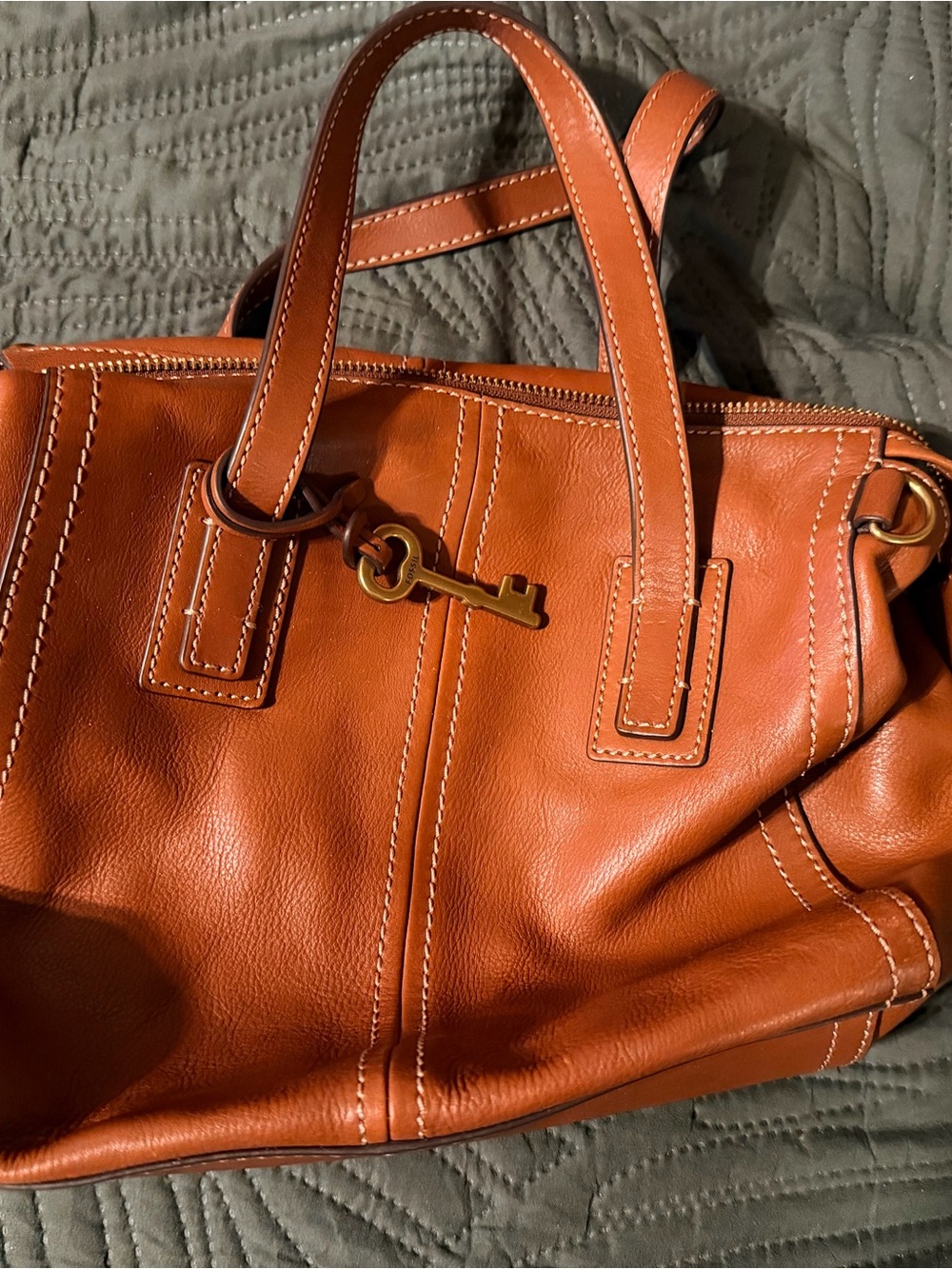 Fossil Leather Tote in Cognac Orange with Key Charm